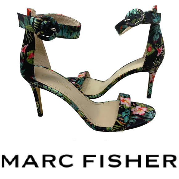 Marc Fisher Bettye Women's Sz 7.5 Dark Floral Printed Fabric Heeled Sandals READ - Picture 1 of 11